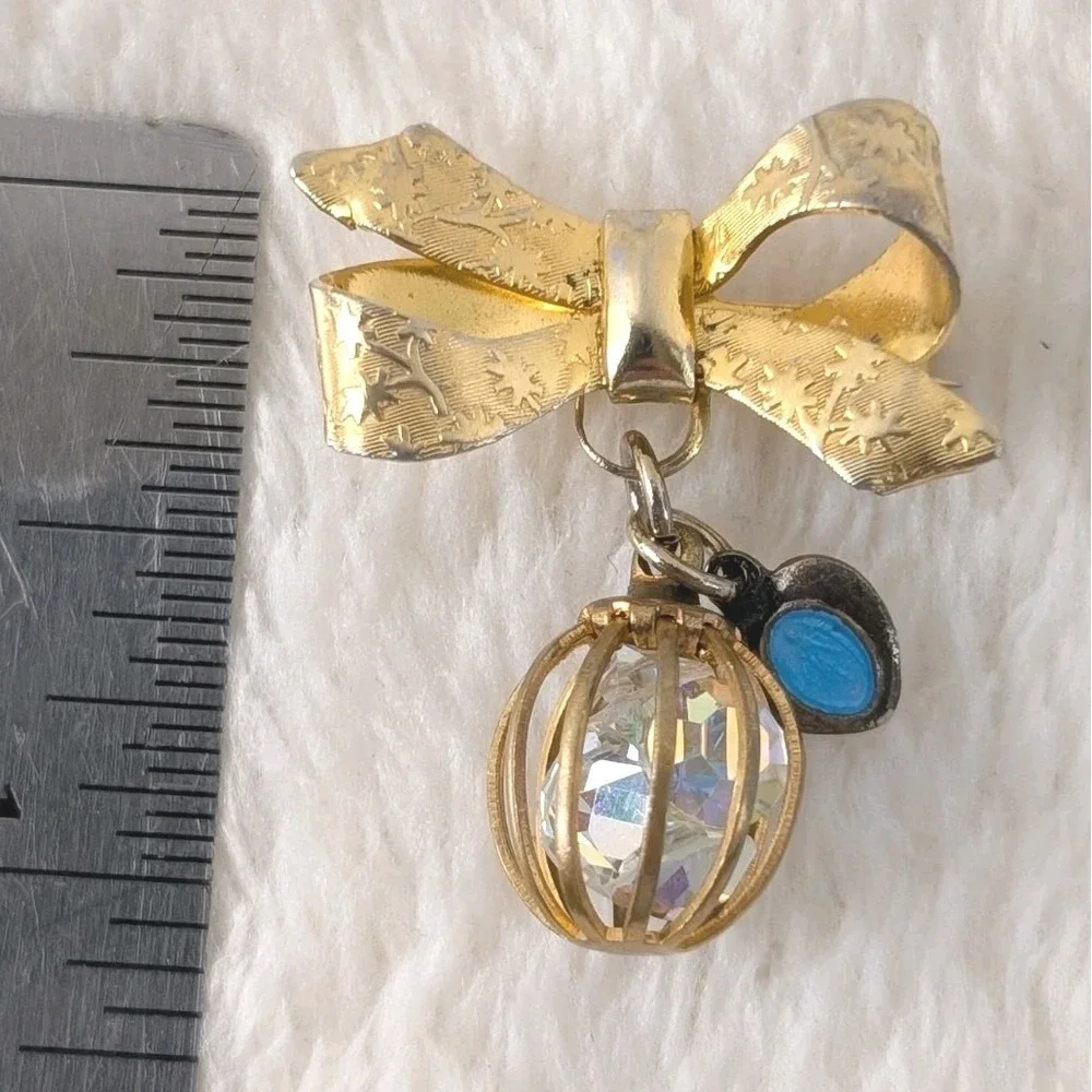 Vintage Gold Tone Bow Brooch Caged AB Crystal Charm‎ Heart Dangle 1960s Jewelry